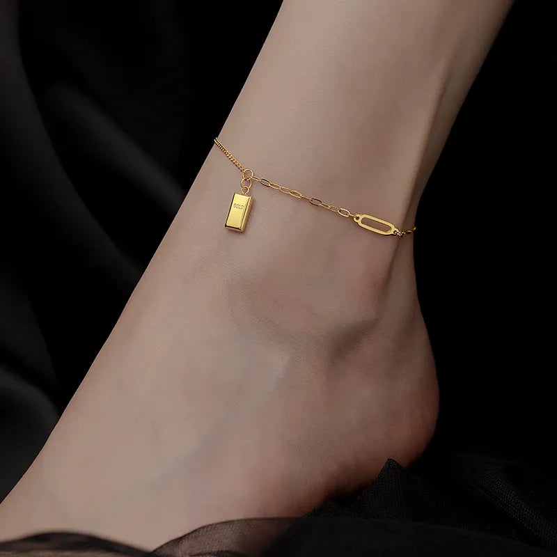 The Lucky Gold Bar Link Anklet | Minimalist Geometric