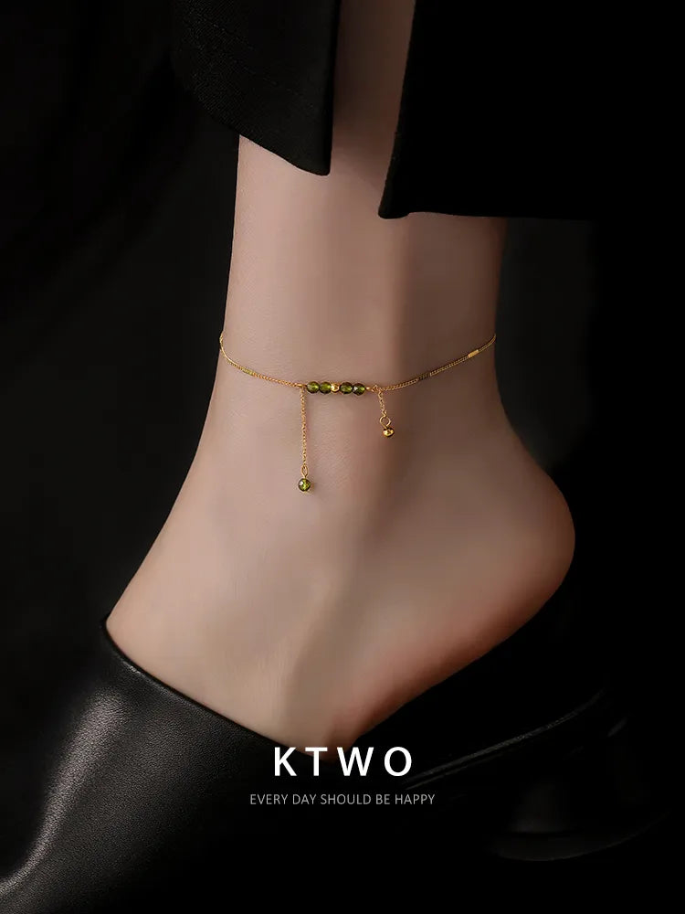 The Olive Green Y-Drop Anklet | Tassel Gemstone