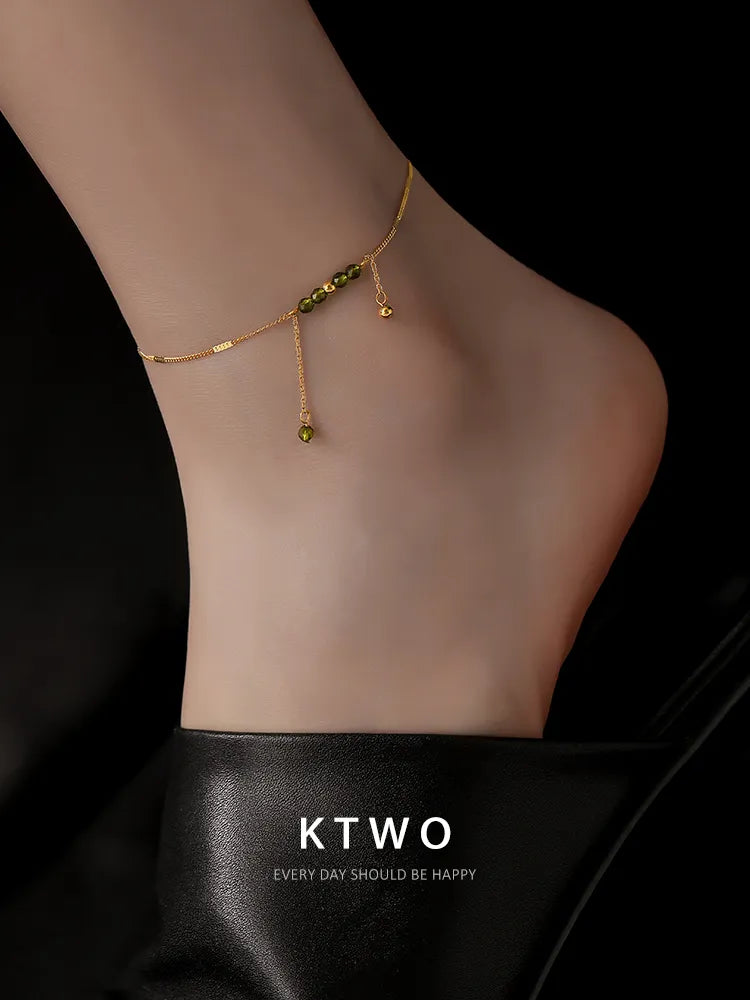 The Olive Green Y-Drop Anklet | Tassel Gemstone