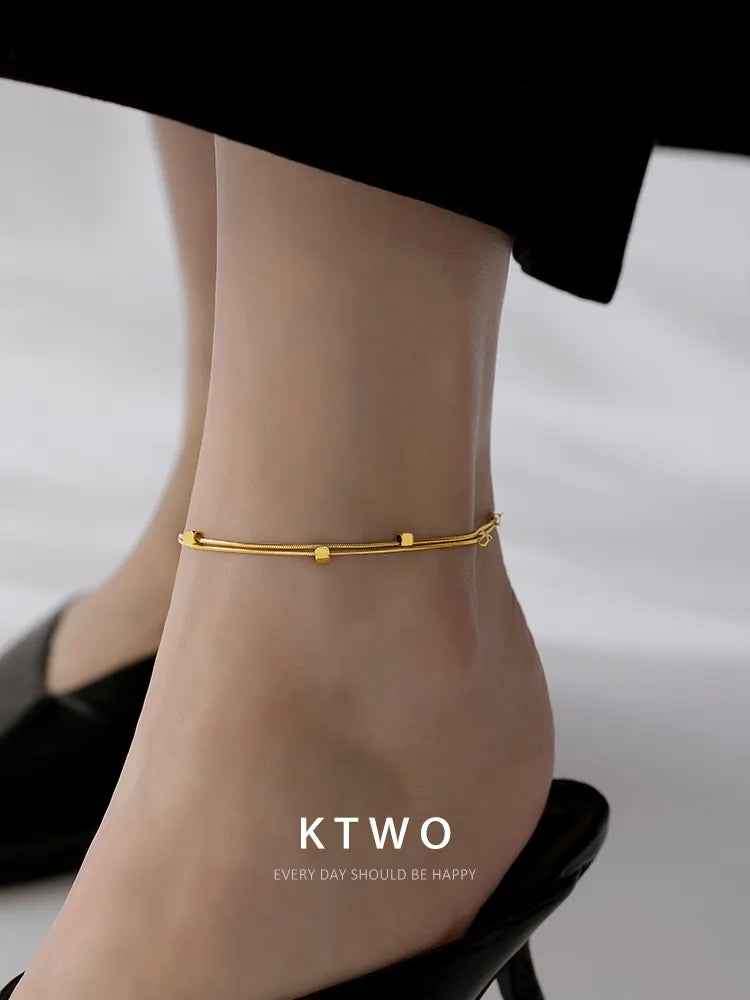 The Double Layer Cube Snake Anklet | Minimalist Gold