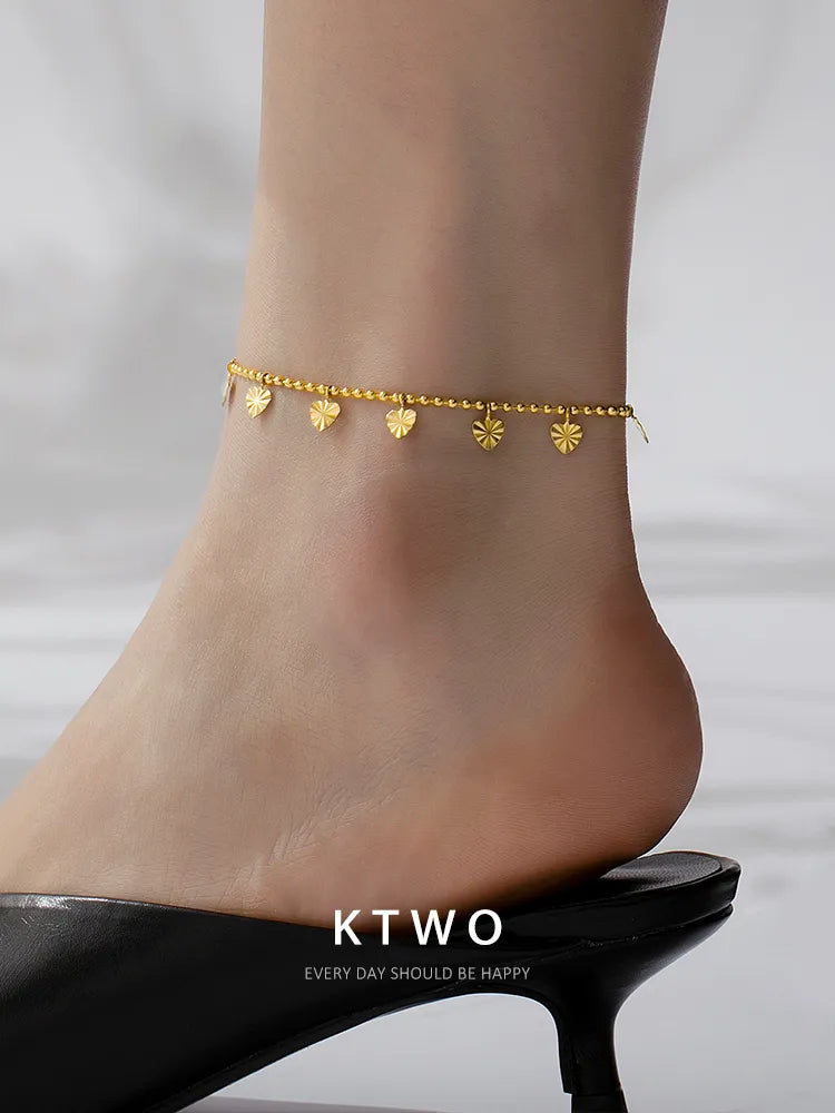 The Tiny Hearts Dangle Anklet | Textured Gold Charm