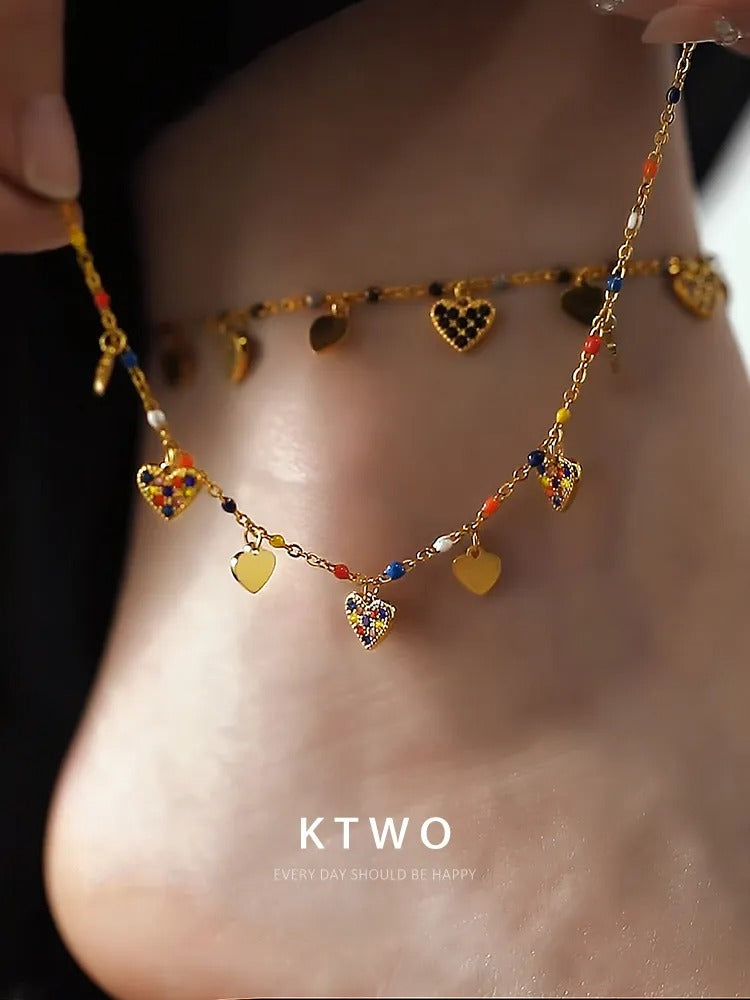 The Rainbow Pave Heart Anklet | Multi-Color Charms