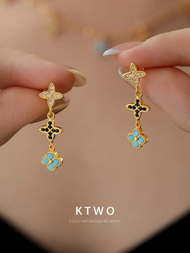 The Triple Quatrefoil Linear Earrings | Turquoise & Crystal