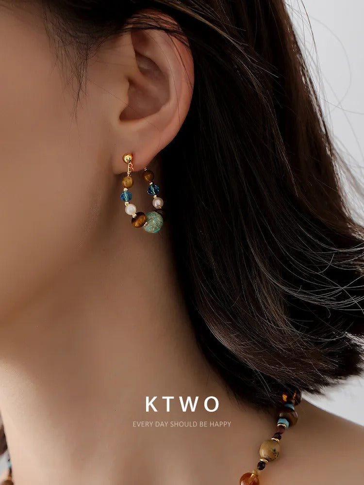 The Earthy Mix Gemstone Beaded Hoops | Tiger's Eye & Pearl