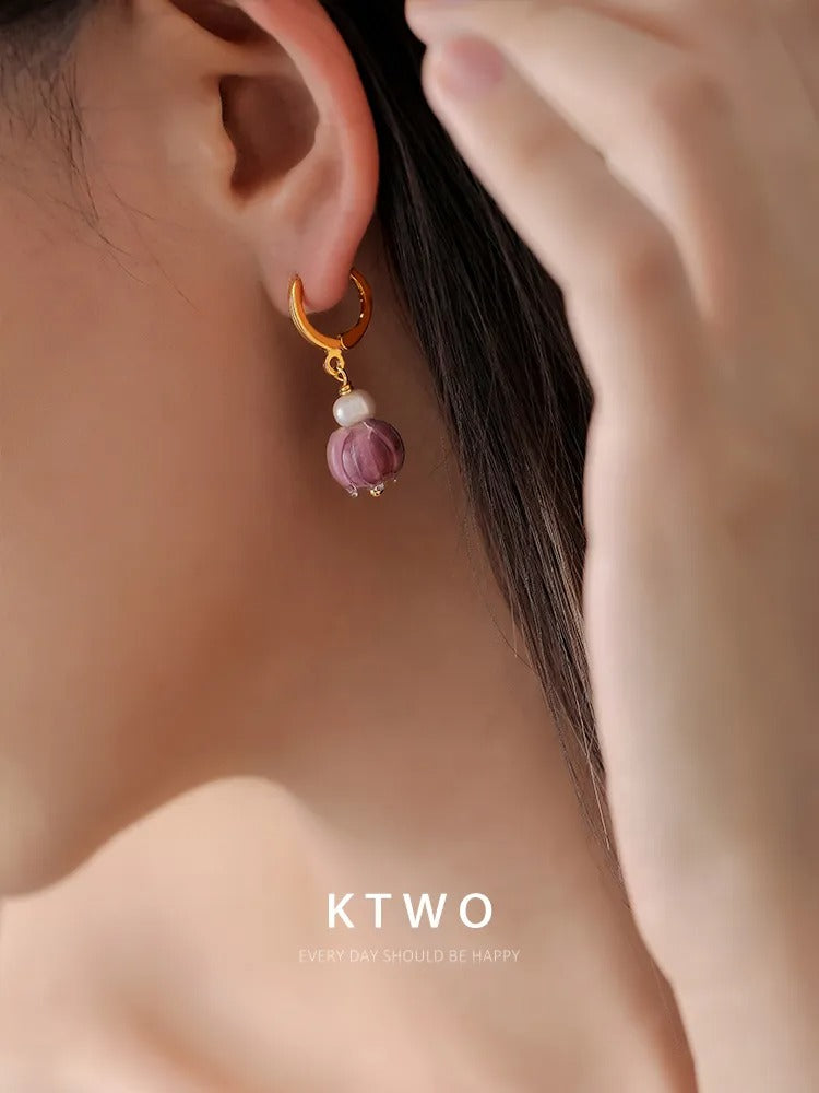 The Purple Tulip Pearl Drop Earrings | Vintage Glass Style