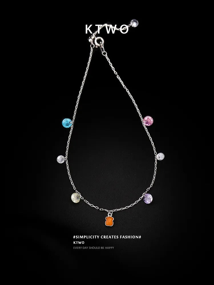 The Playful Bear & Gemstone Charm Anklet | Sterling Silver