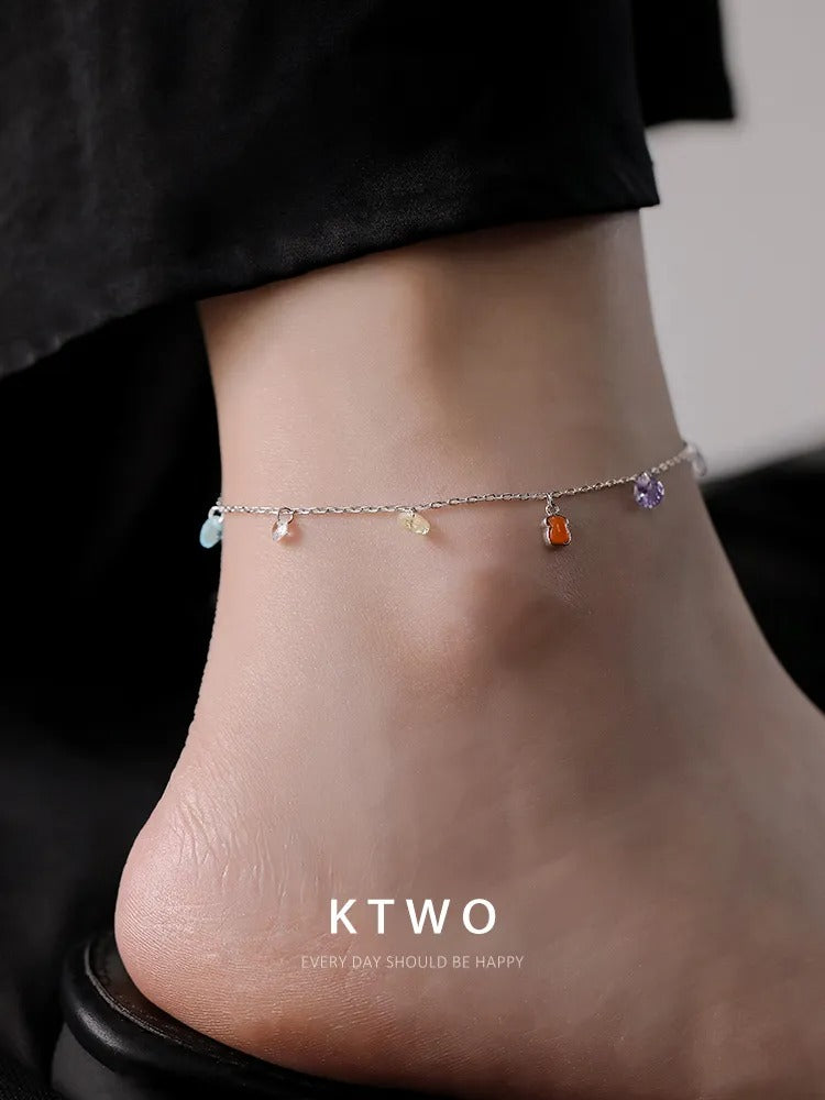 The Playful Bear & Gemstone Charm Anklet | Sterling Silver
