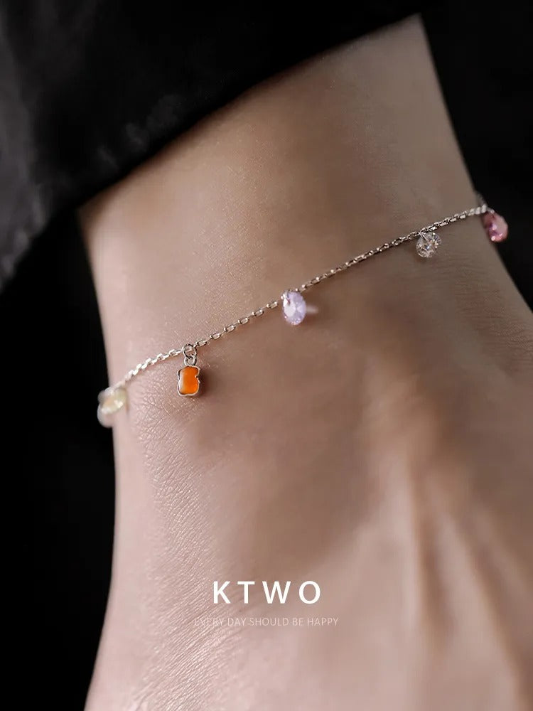 The Playful Bear & Gemstone Charm Anklet | Sterling Silver