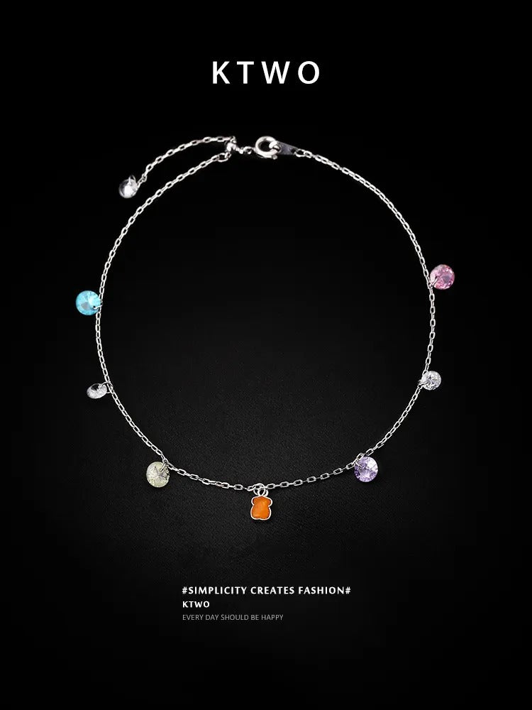 The Playful Bear & Gemstone Charm Anklet | Sterling Silver