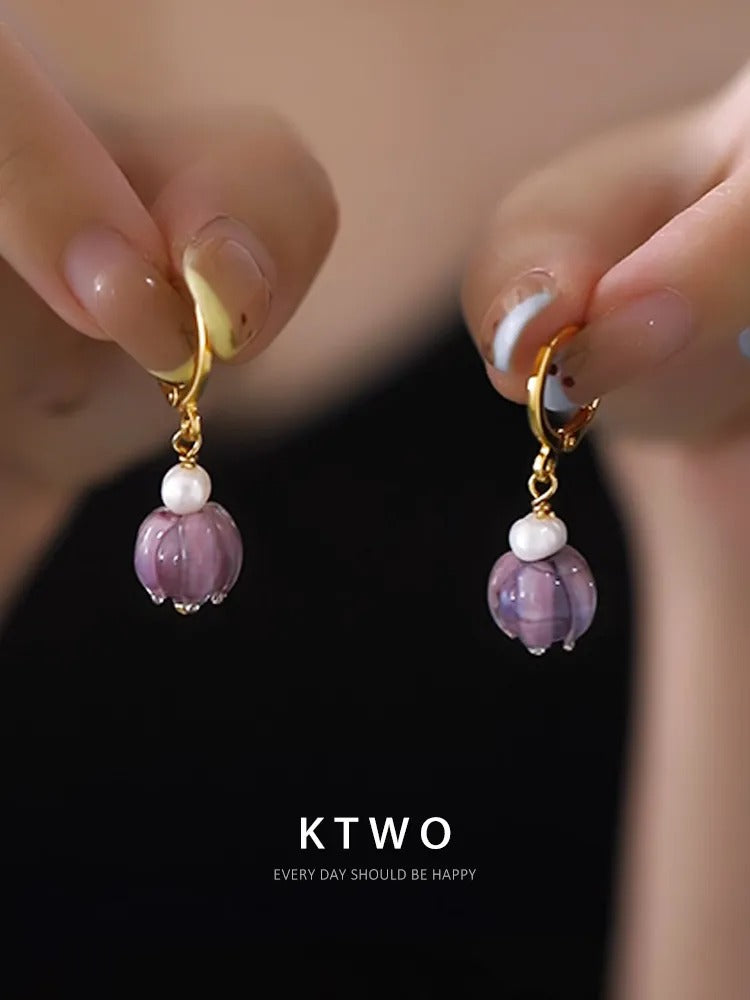 The Purple Tulip Pearl Drop Earrings | Vintage Glass Style