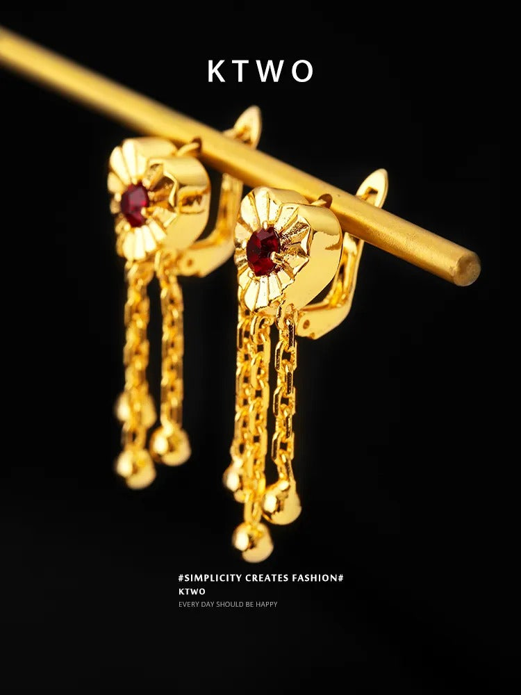 The Ruby Heart Tassel Earrings | Gold Chain Fringe