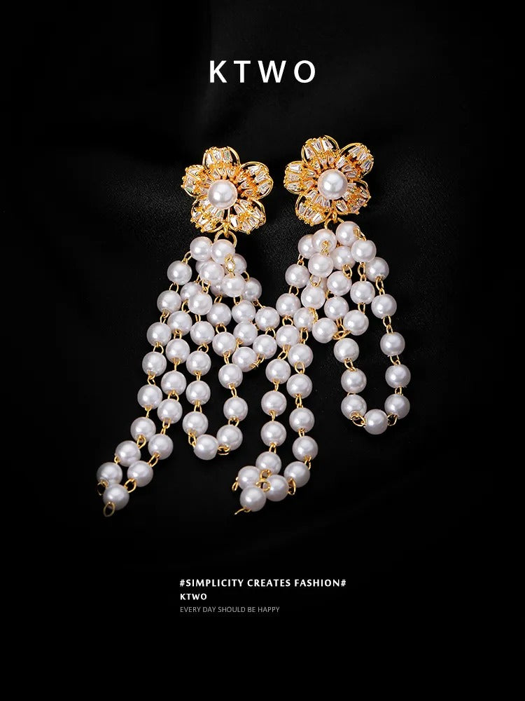 The Grand Pearl Tassel Earrings | Crystal Floral Statement