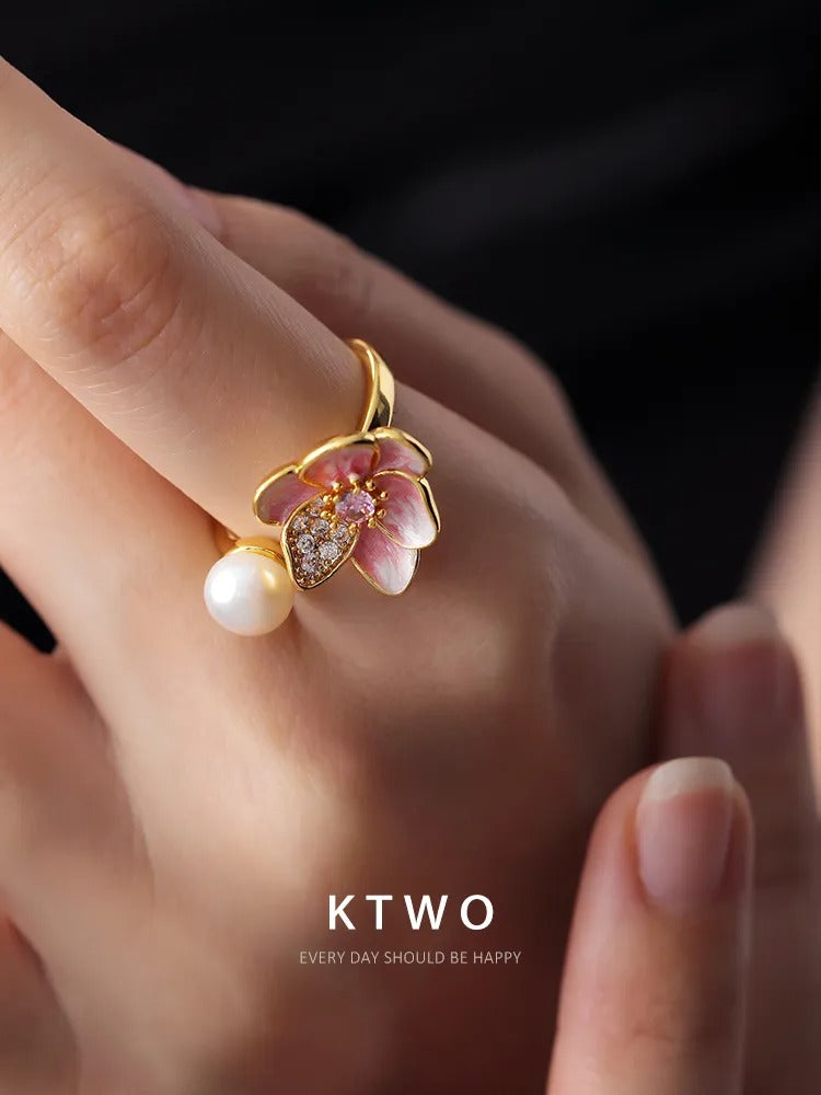 The Pink Blossom & Pearl Open Ring | Enamel Floral Design
