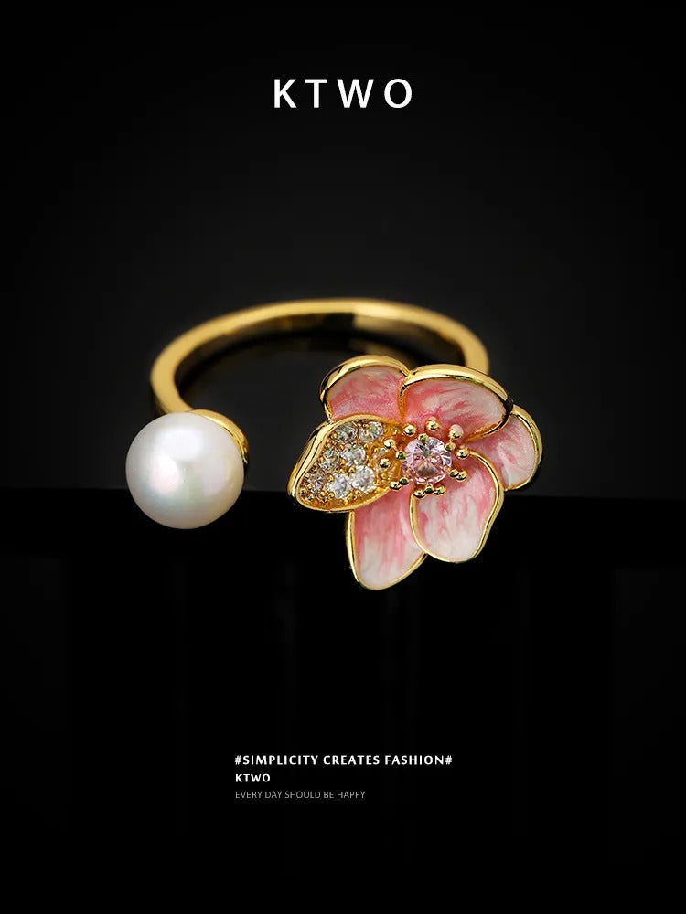 The Pink Blossom & Pearl Open Ring | Enamel Floral Design