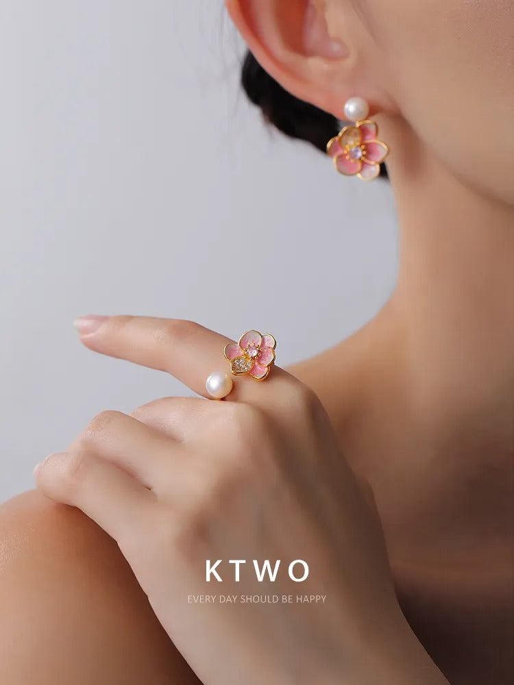 The Pink Blossom & Pearl Open Ring | Enamel Floral Design