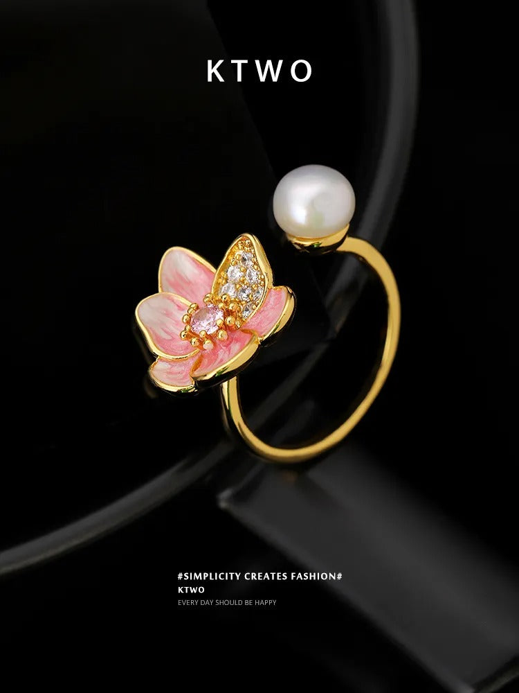 The Pink Blossom & Pearl Open Ring | Enamel Floral Design