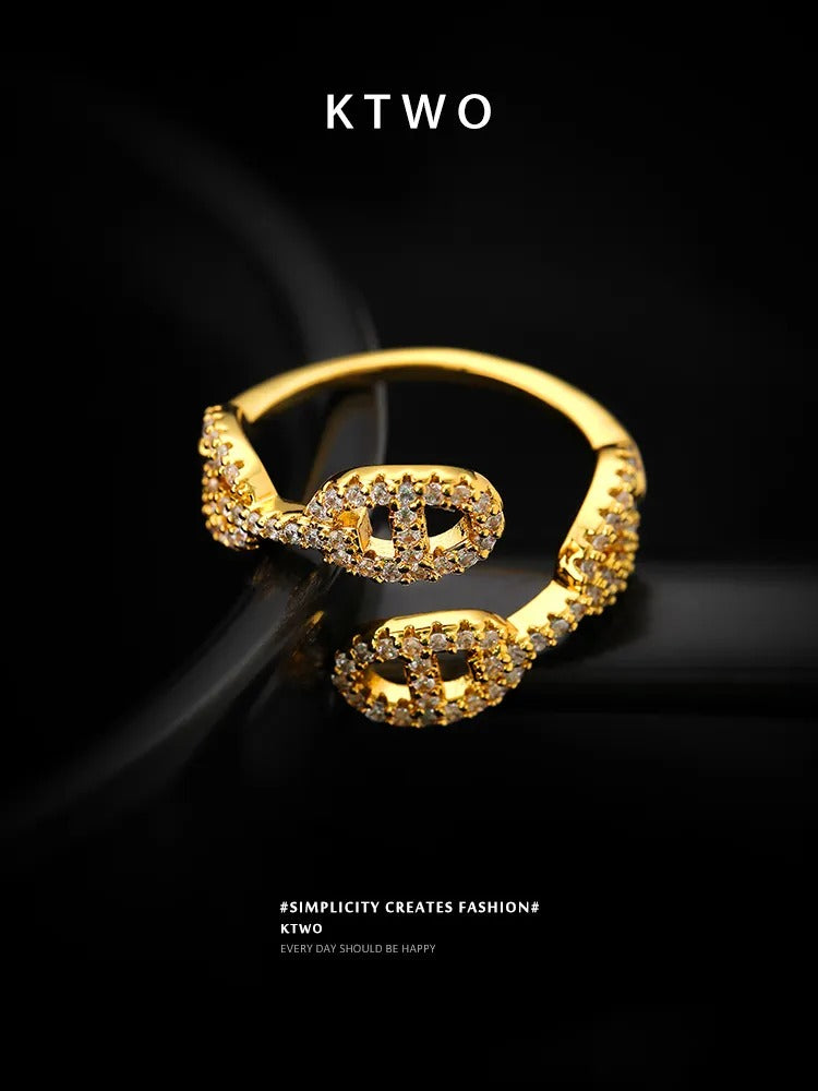 The Pave Mariner Link Open Ring | Adjustable Gold Vermeil