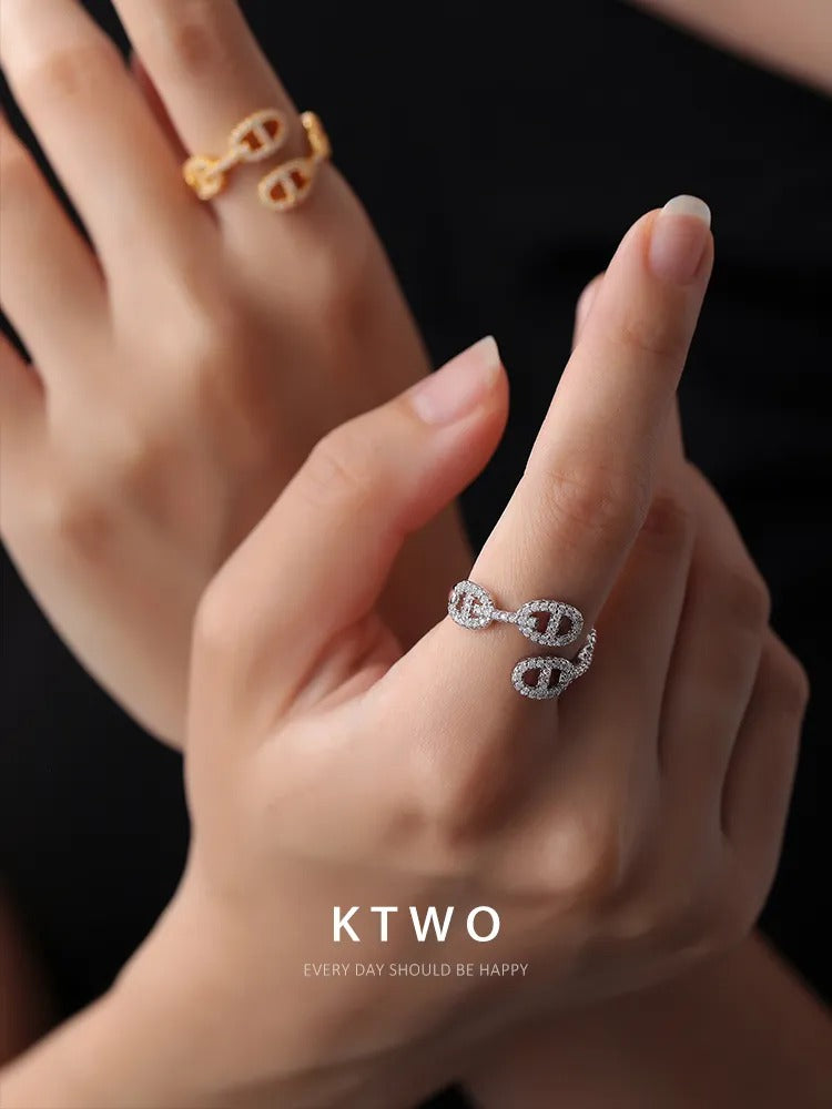 The Pave Mariner Link Open Ring | Adjustable Gold Vermeil