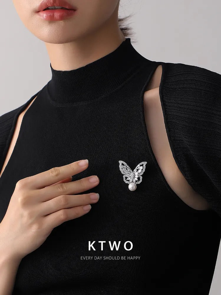 The Diamond Butterfly Pearl Brooch | Silver Statement