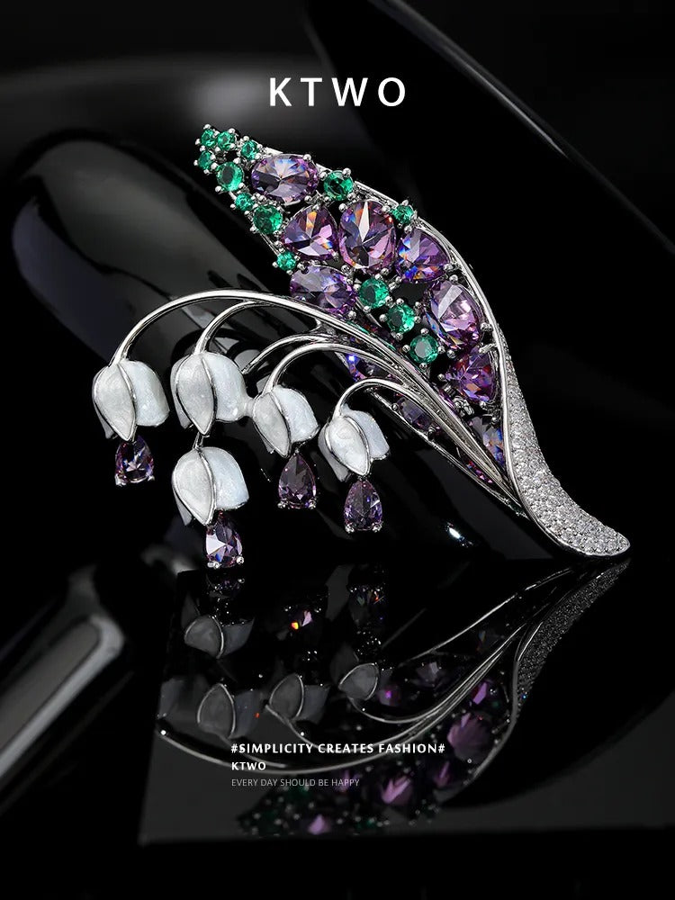 The Lily of the Valley Enamel Brooch | Purple Crystal Leaf