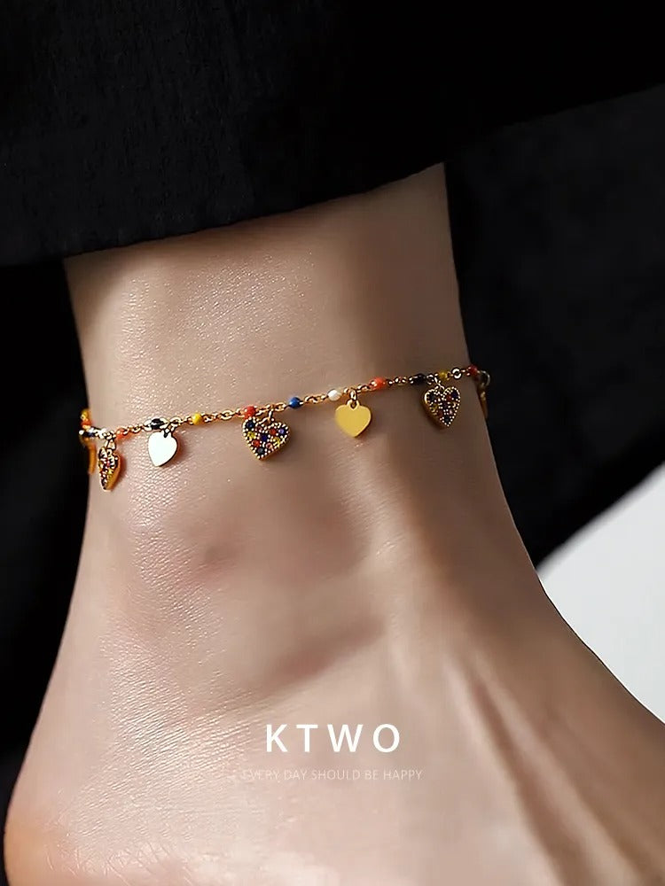 The Rainbow Pave Heart Anklet | Multi-Color Charms