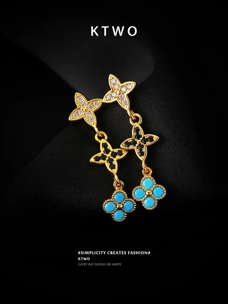 The Triple Quatrefoil Linear Earrings | Turquoise & Crystal