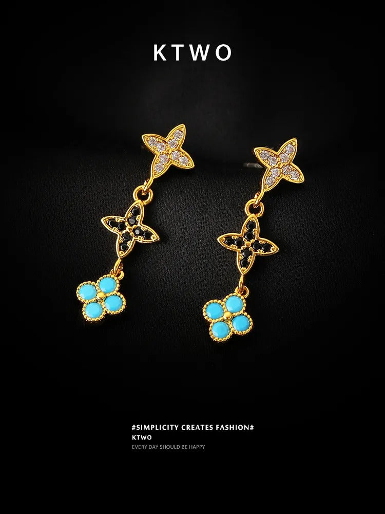 The Triple Quatrefoil Linear Earrings | Turquoise & Crystal