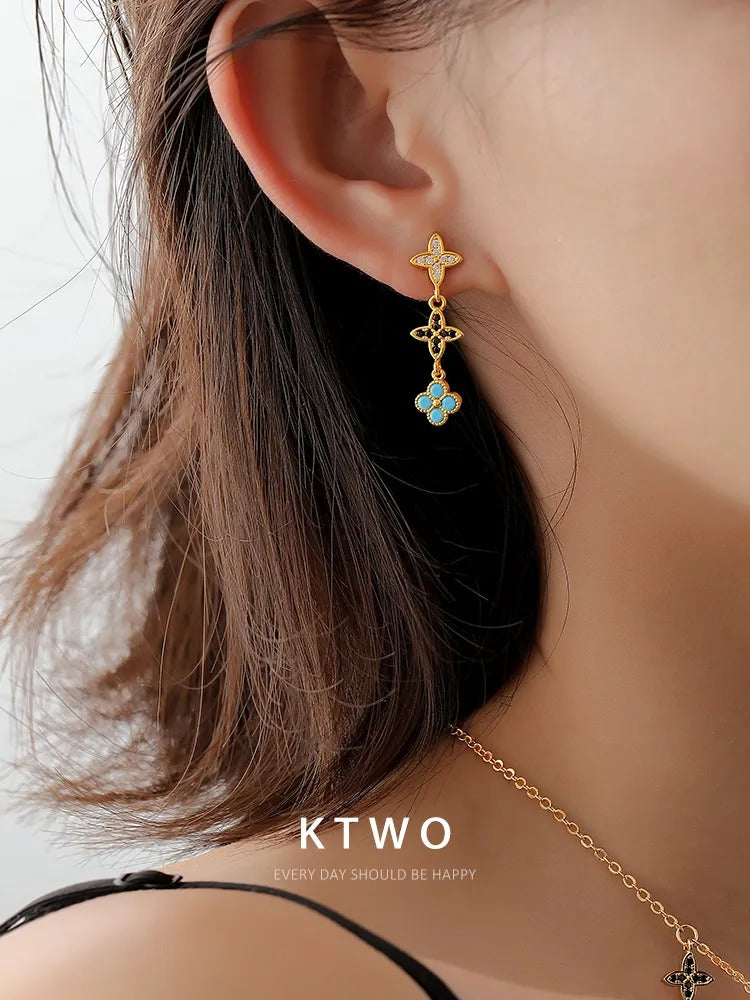 The Triple Quatrefoil Linear Earrings | Turquoise & Crystal