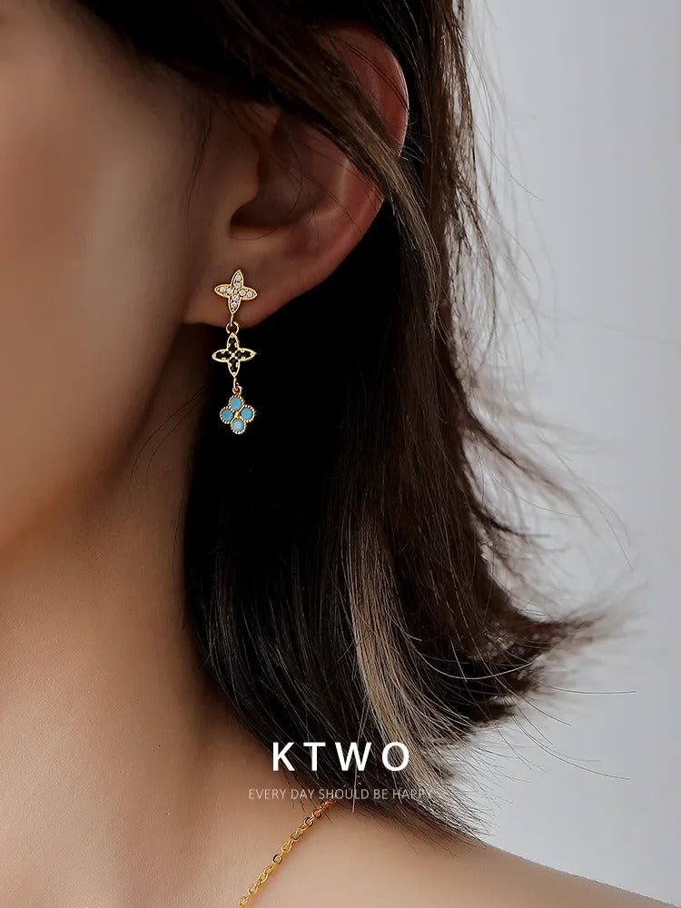 The Triple Quatrefoil Linear Earrings | Turquoise & Crystal