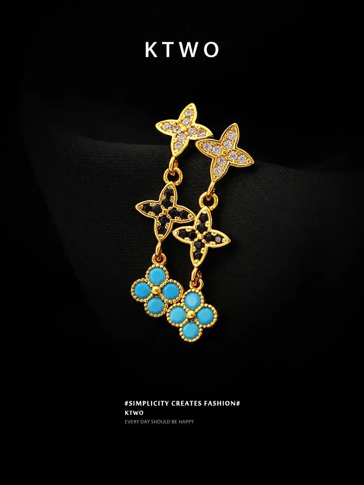 The Triple Quatrefoil Linear Earrings | Turquoise & Crystal