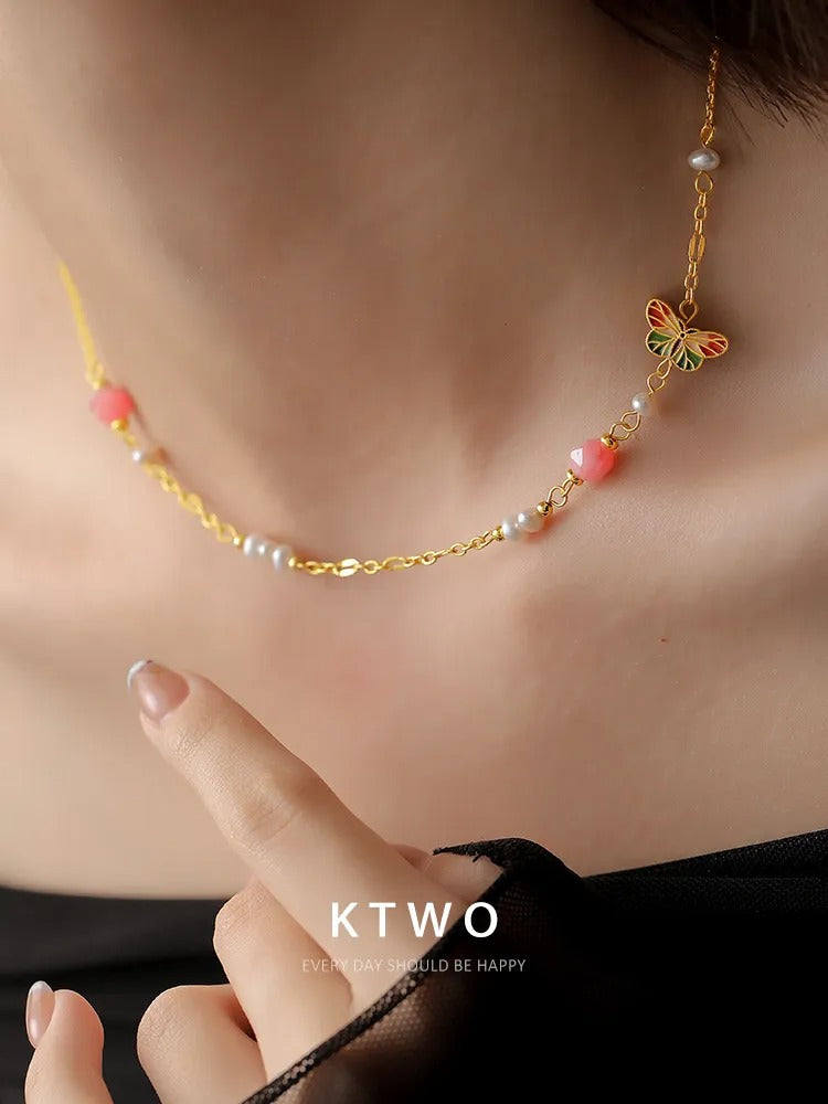 The Whimsical Butterfly Bead Necklace | Pink Opal & Pearl