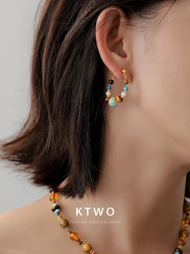 The Earthy Mix Gemstone Beaded Hoops | Tiger's Eye & Pearl