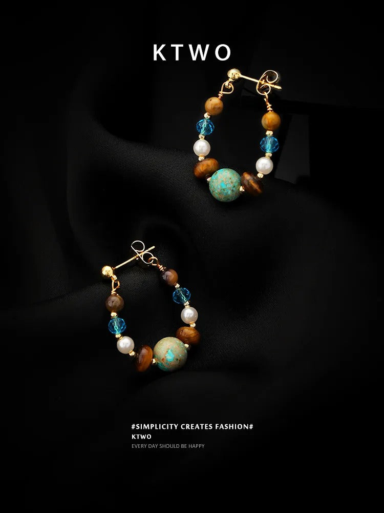 The Earthy Mix Gemstone Beaded Hoops | Tiger's Eye & Pearl