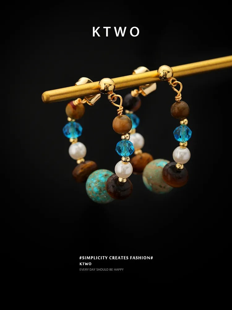 The Earthy Mix Gemstone Beaded Hoops | Tiger's Eye & Pearl