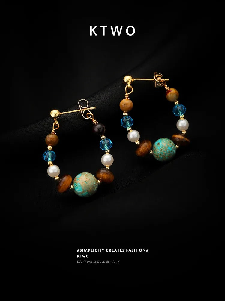 The Earthy Mix Gemstone Beaded Hoops | Tiger's Eye & Pearl