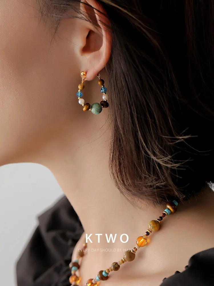 The Earthy Mix Gemstone Beaded Hoops | Tiger's Eye & Pearl