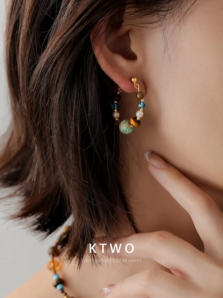 The Earthy Mix Gemstone Beaded Hoops | Tiger's Eye & Pearl