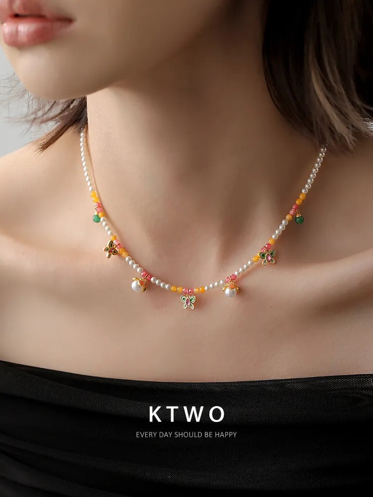 The Enchanted Garden Butterfly Necklace | Pearl & Enamel