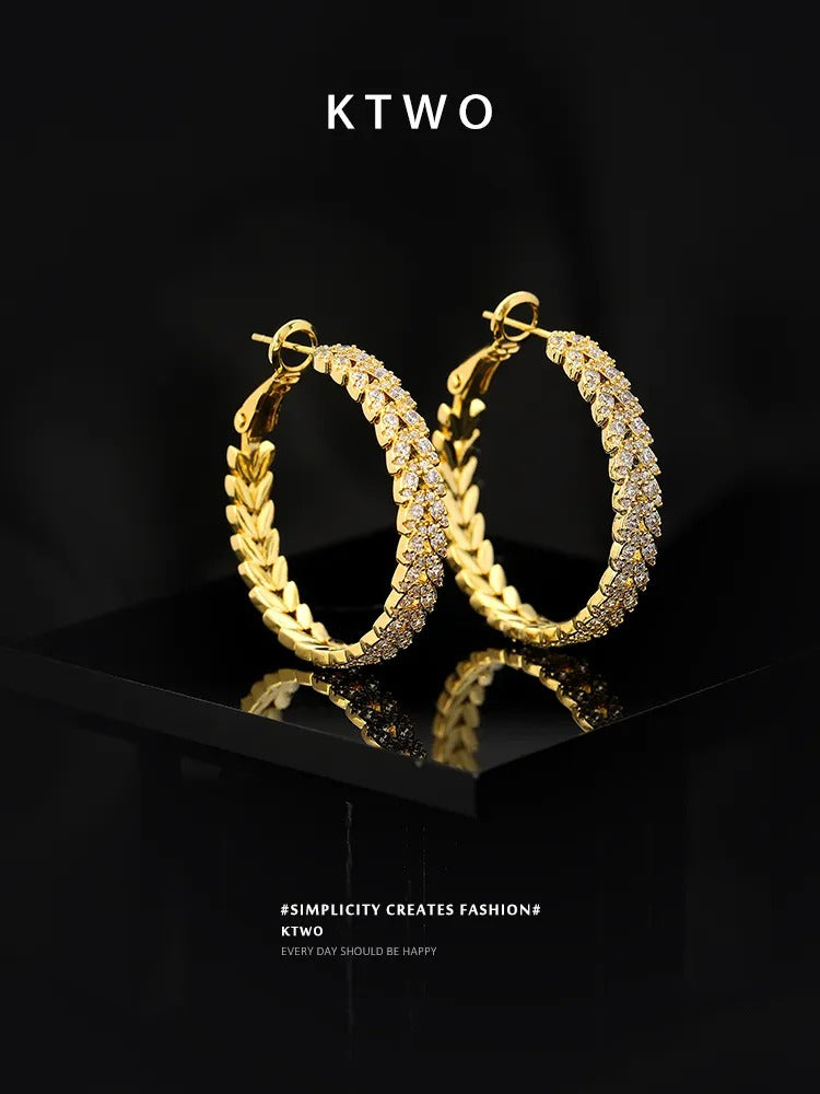 The Golden Laurel Pave Hoops | Vintage Wheat Motif
