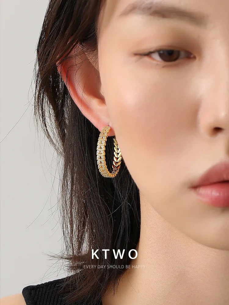 The Golden Laurel Pave Hoops | Vintage Wheat Motif