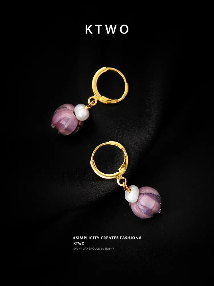 The Purple Tulip Pearl Drop Earrings | Vintage Glass Style