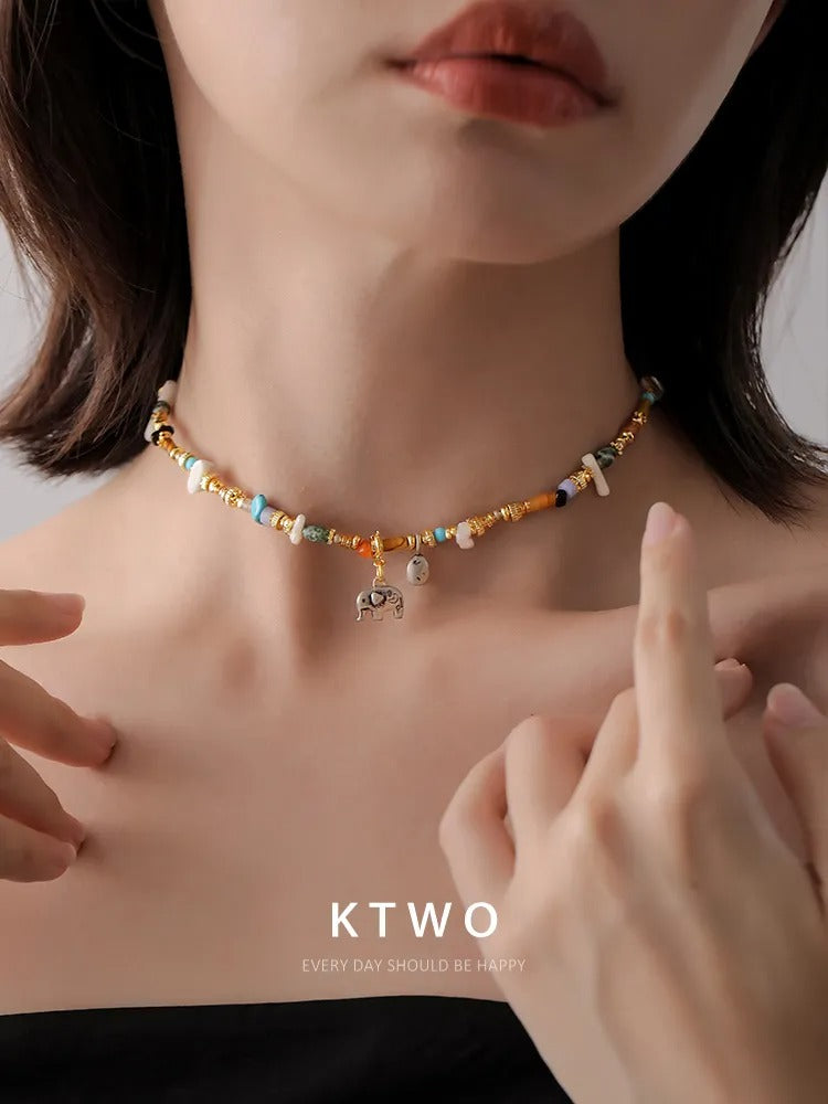 The Lucky Elephant Boho Necklace | Mixed Gemstones