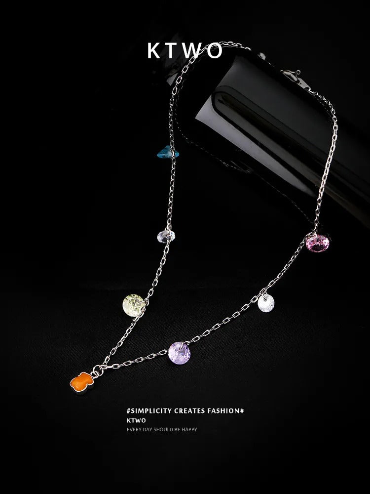 The Playful Bear & Gemstone Charm Anklet | Sterling Silver