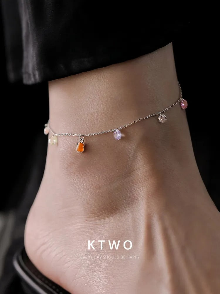 The Playful Bear & Gemstone Charm Anklet | Sterling Silver