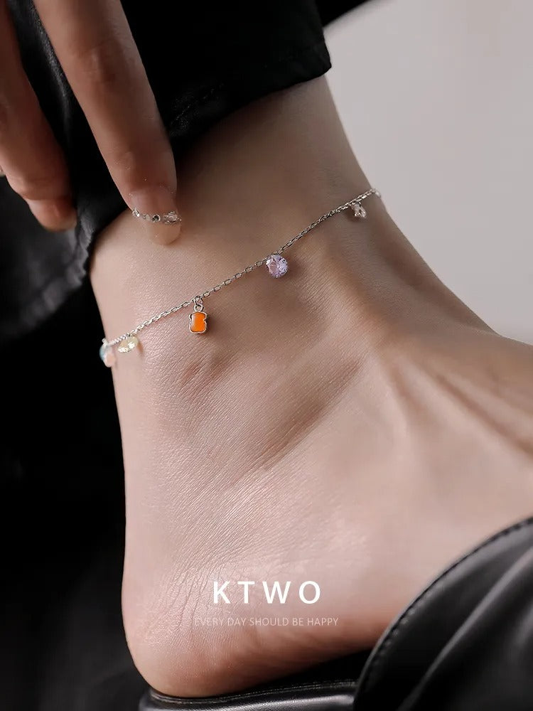 The Playful Bear & Gemstone Charm Anklet | Sterling Silver