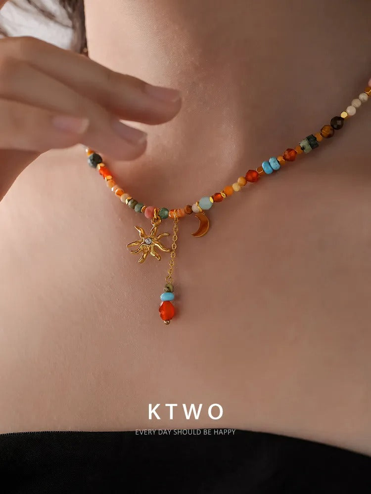 The Celestial Sun & Moon Necklace | Mixed Gemstone Beads