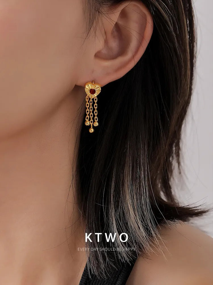 The Ruby Heart Tassel Earrings | Gold Chain Fringe