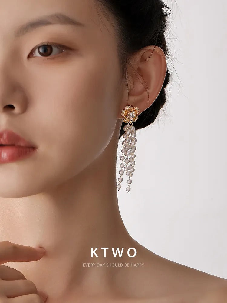 The Grand Pearl Tassel Earrings | Crystal Floral Statement