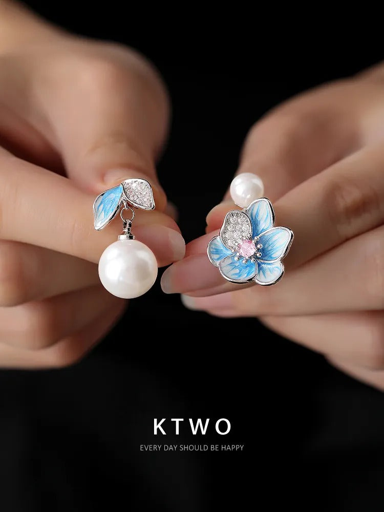 The Blushing Flora Pearl Drop Earrings | Hand-Painted Enamel
