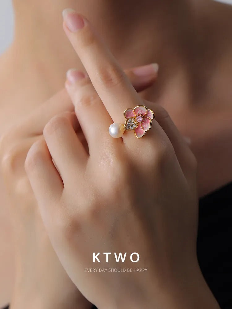 The Pink Blossom & Pearl Open Ring | Enamel Floral Design